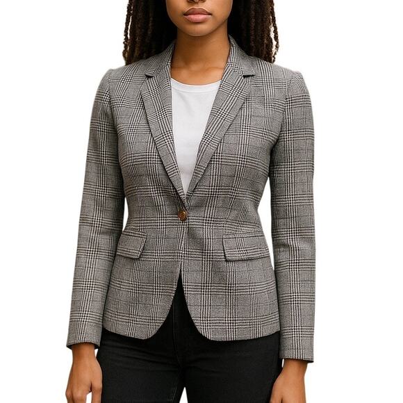 J. Crew Wool Blend Black White Glen Plaid Single Buttoon Blazer Jacket - 00 - Picture 1 of 10